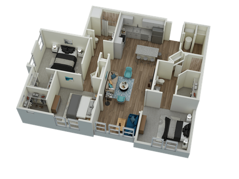 Unit C1 Solarium 3-bedroom, 2-bath 1,446 sqft 3D floor plan at Canopy Park Apartments, Alabama, 35124